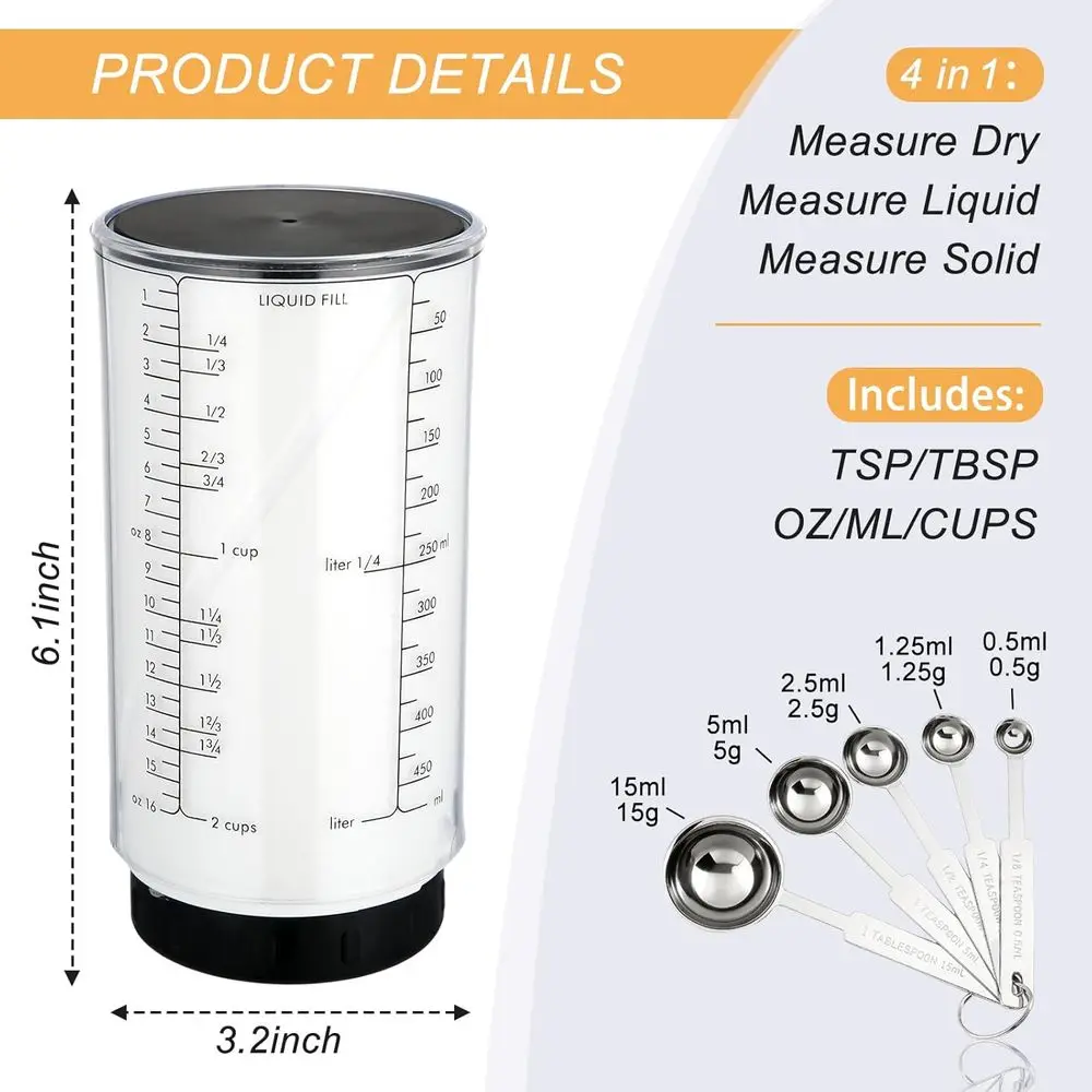 Adjustable Measuring Cups Set Includes 2 Cup Push Up Measuring Cup and 5 Measuring Spoons or Peanut Butter 4 in 1 Liquid Dry Sem