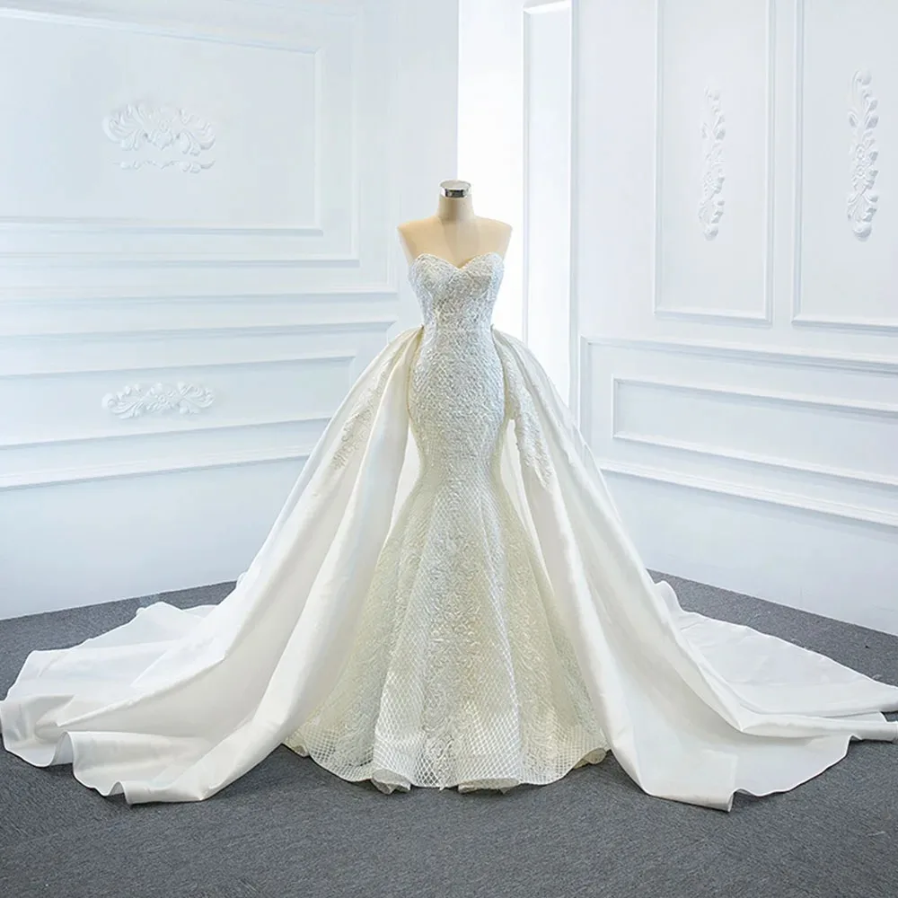 Custom 2026 New Arrivals Sweetheart Neck Beaded Pearls Mermaid Wedding Dresses With Satin Detachable Train Robe Vestido De Novia