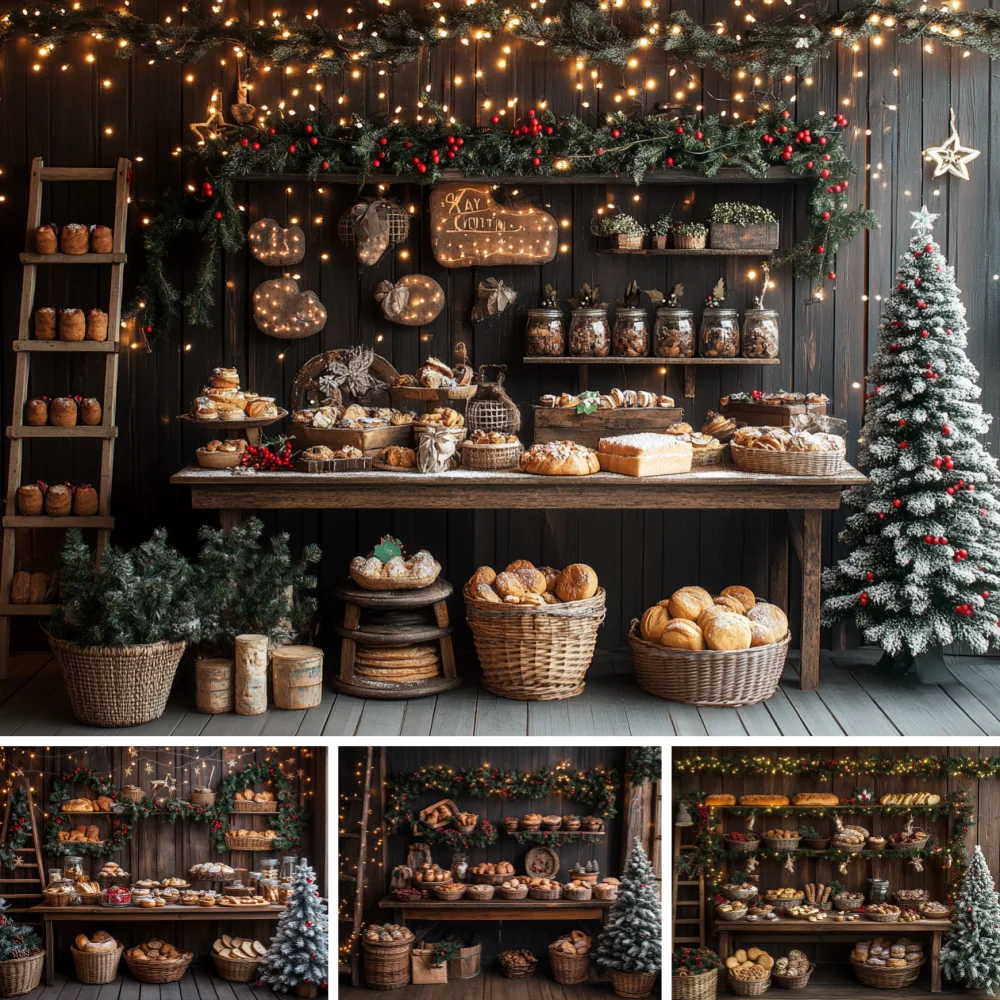 Cozy Winter Bakery Studio Backdrop Christmas Pine Garland Light Bread Counter Background Food Shooting Decor Background