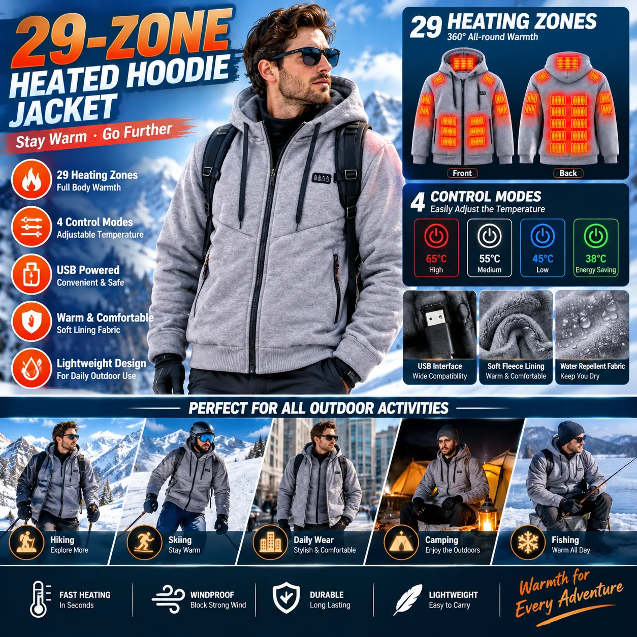 Mens Heated Hoodie Jacket 29 Zone USB Heating Four Control Winter Warm Outdoor Thermal Coat