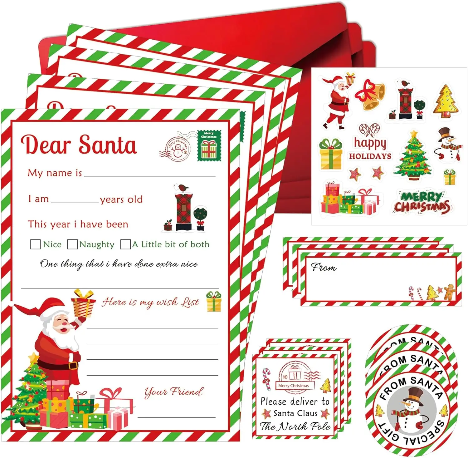 8 Set Official Letter to Santa Kit with Seals Address Labels 5x7 inch Christmas Wish List Cards with Red Envelopes Certificate