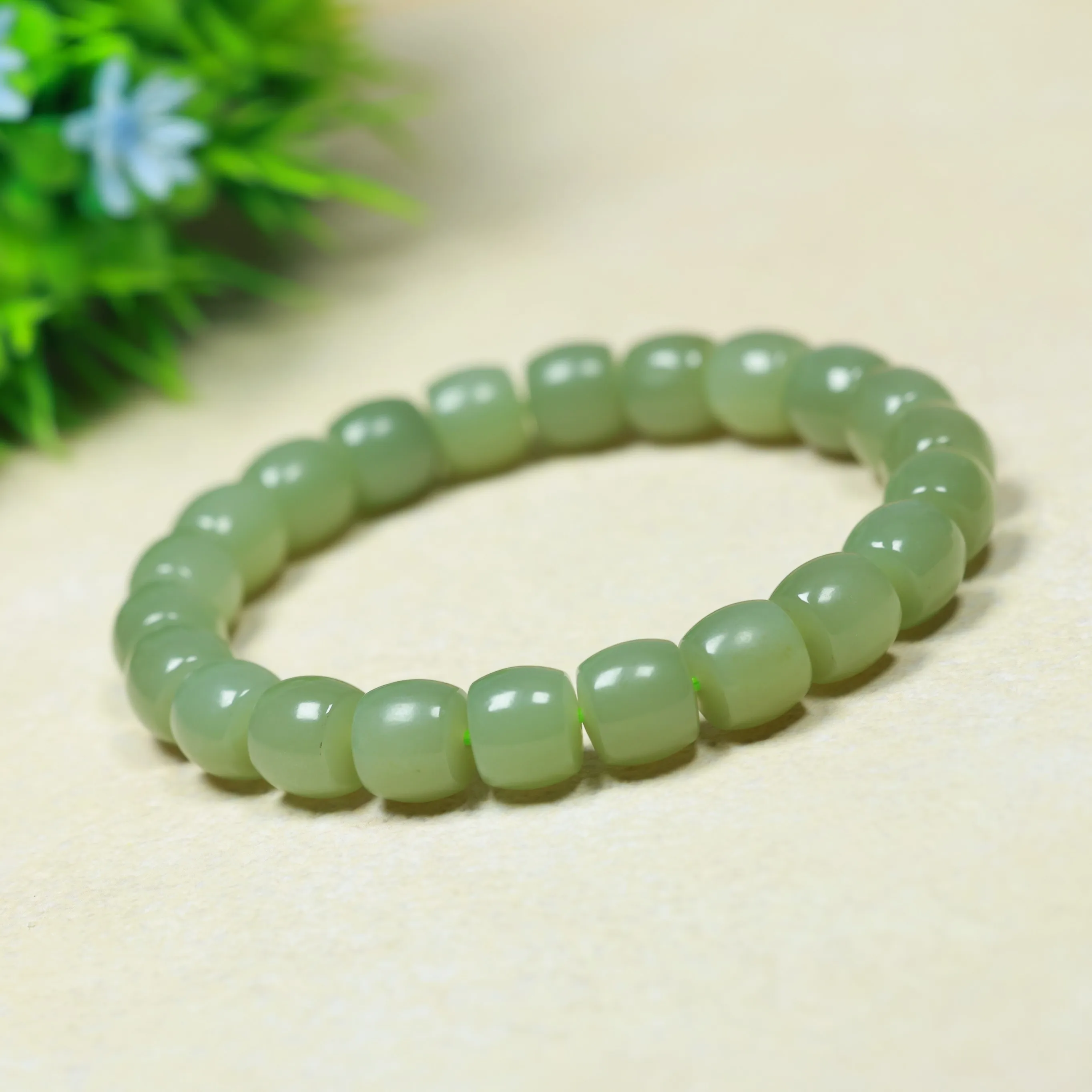 Natural Jade Old Barrel Bead Bracelet Smooth Polished Cylinder Beads Elastic Stretch Bangle Unisex Lucky Gemstone Jewelry