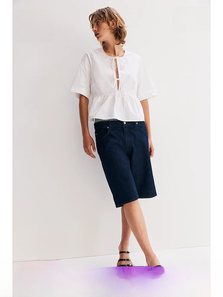

Spring Fashion Casual Front Bow Tie Silk Women's Shirt H&M Cotton Long Sleeve round Neck Pure Color Casual Style 1202833