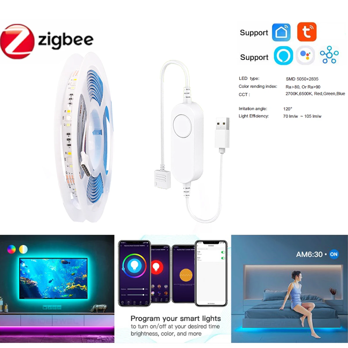 Zigbee USB LED Strip DC5V 1-3M RGBCCT Elastyczna lampa świetlna Oświetlenie tła telewizora Echo Plus Smartthings Sterowanie głosowe Tuya