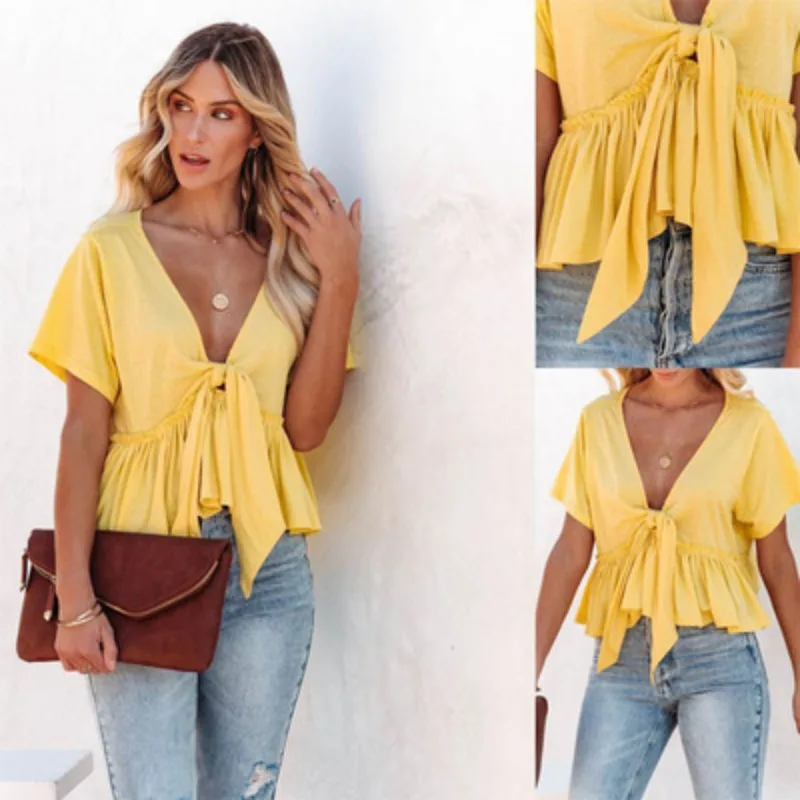 Summer new women's solid color chiffon loose short sleeve strap ruffled top