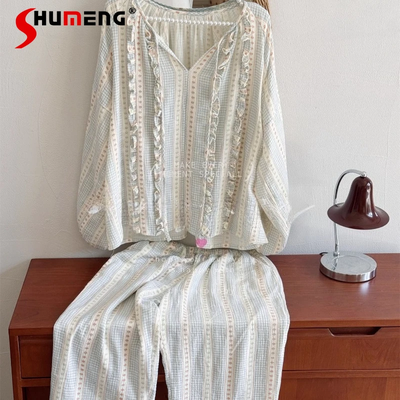 

Double Layer Gauze Comfortable Loungewear Ladies Loose Long Sleeve Pajamas Set Women Japanese Style Sweet Homewear Suits