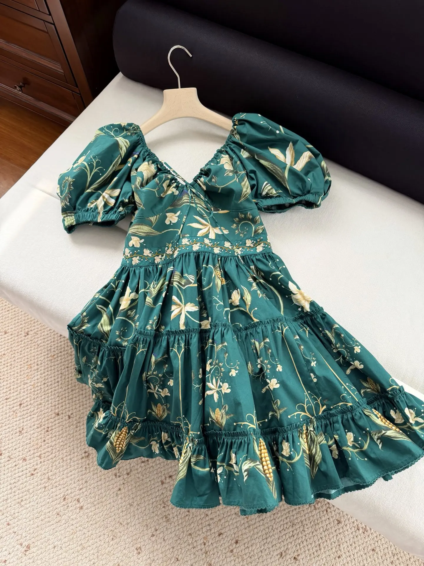 Women 100% Cotton Flower Print V-Neck Puff Short Sleeve Waist Embroidery Flower Beaded Multi-layered Mini Dress