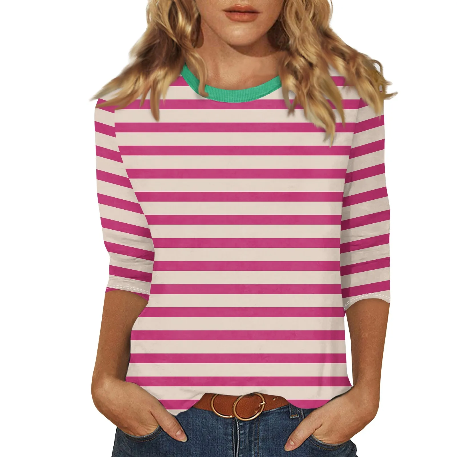 Women's New Button Round Neck Striped 3/4 Sleeve T-Shirt Slim Fit Casual Tops Women's Clothing Sale Items ropa de mujer ofertas