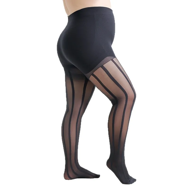 

Черные прозрачные колготки больших размеров 2XL/4XL с непрозрачными вертикальными полосками для женщин, модный аксессуар, нейлоновые колготки Denier 20