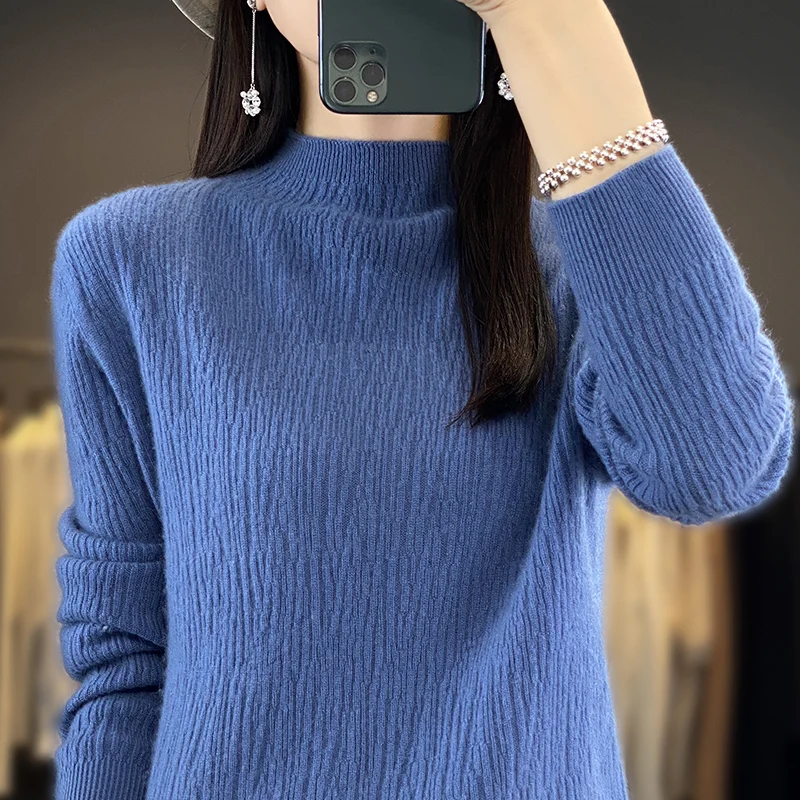 Women 100% Merino Wool Sweater Half-high Collar Knitted Wave Jacquard Pullover Autumn Winter Thickened Casual Knitwear Top