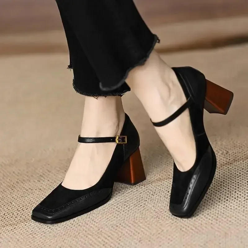 2024 New Vintagesimple High Heel Style Splicing French Method Square Toe Not Tired Mary Jane Shoes Spring Summer Solid Color