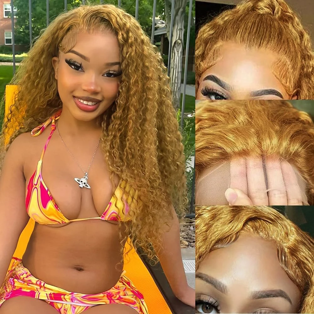 

13X6 27#Color Wigs Human Hair Deep Wave Lace Front Wig Human Hair Pre Plucked Curly Blonde HD Lace Wig 200% Density For Women