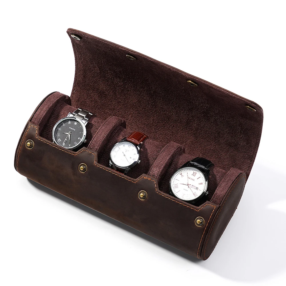 Handcrafted Crazy Horse Leather Watch Roll, Travel-Friendly Watch Storage Case, Vintage Leather Watch Display Box for Collectors