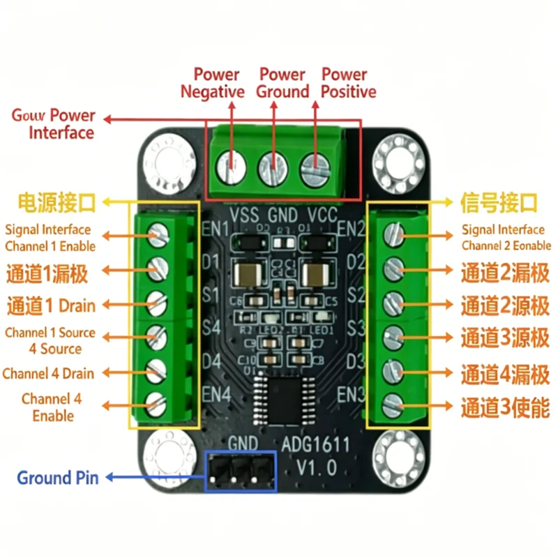 1PCS ADG1611 4-Channel Analog Switch Module, Bidirectional SPST Switch, ±Signal Input, 20MHz Bandwidth