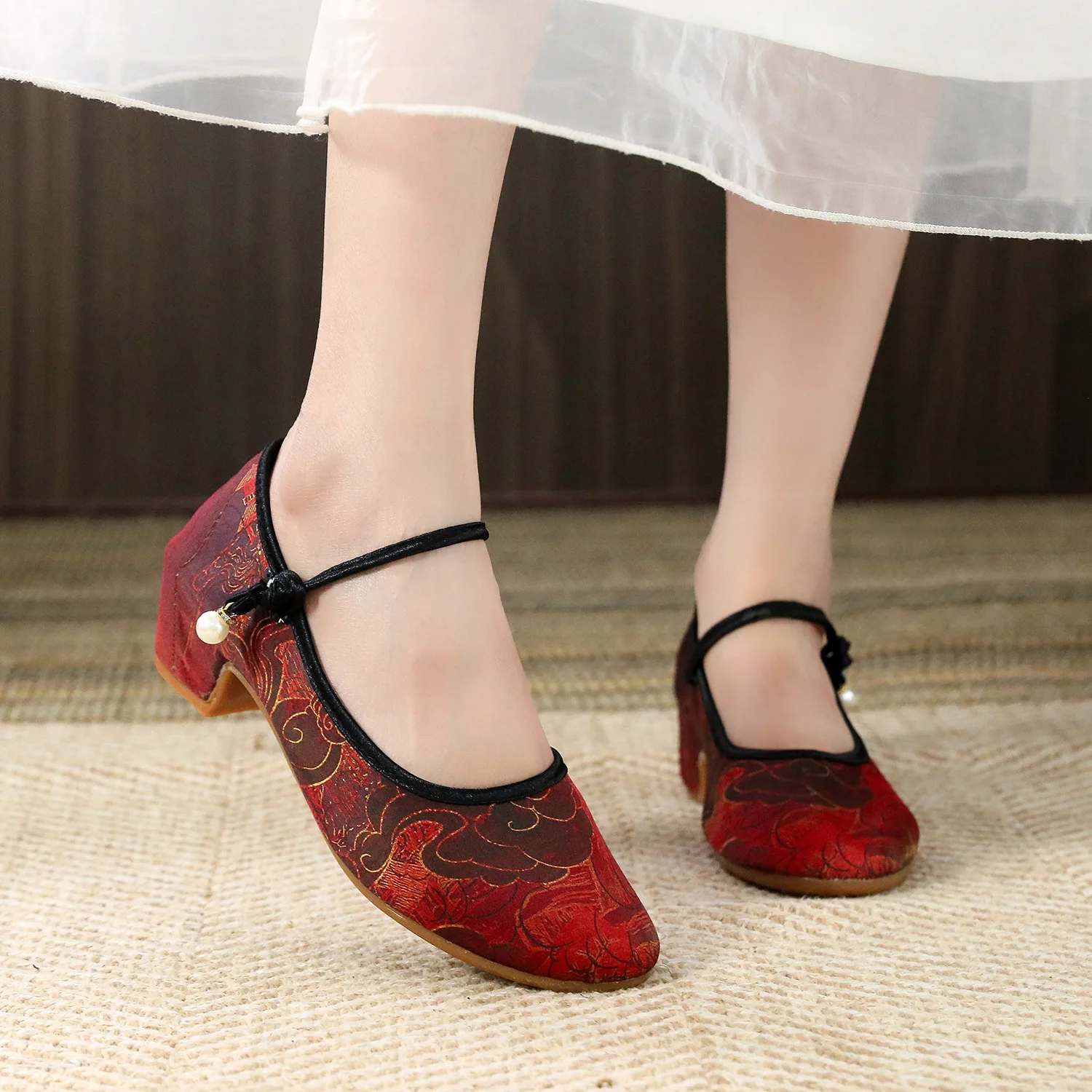 34-40 Ethnic Style Low Heel Cloth Shoes Women Comfortable Cheongsam Hanfu Shoes Block Heel Canvas Pumps Ankle Strap Cotton Shoes