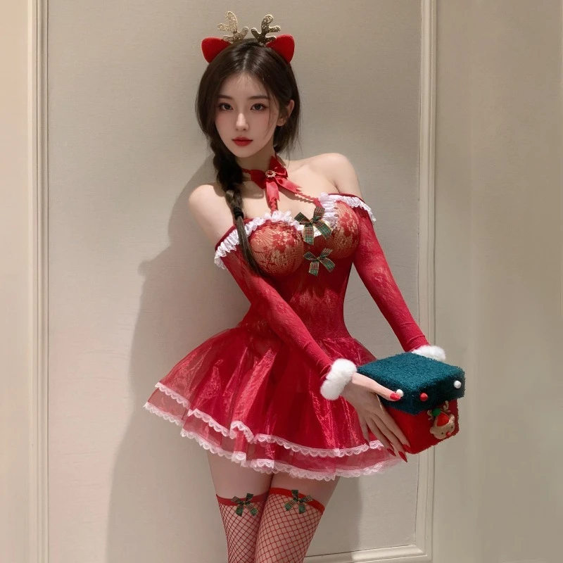 جديد مثير الملابس الداخلية عيد الميلاد الرنة انظر من خلال فساتين شبكة قابلة للإزالة مجموعة موحدة، مثير يمزح بيبي دول غريبة