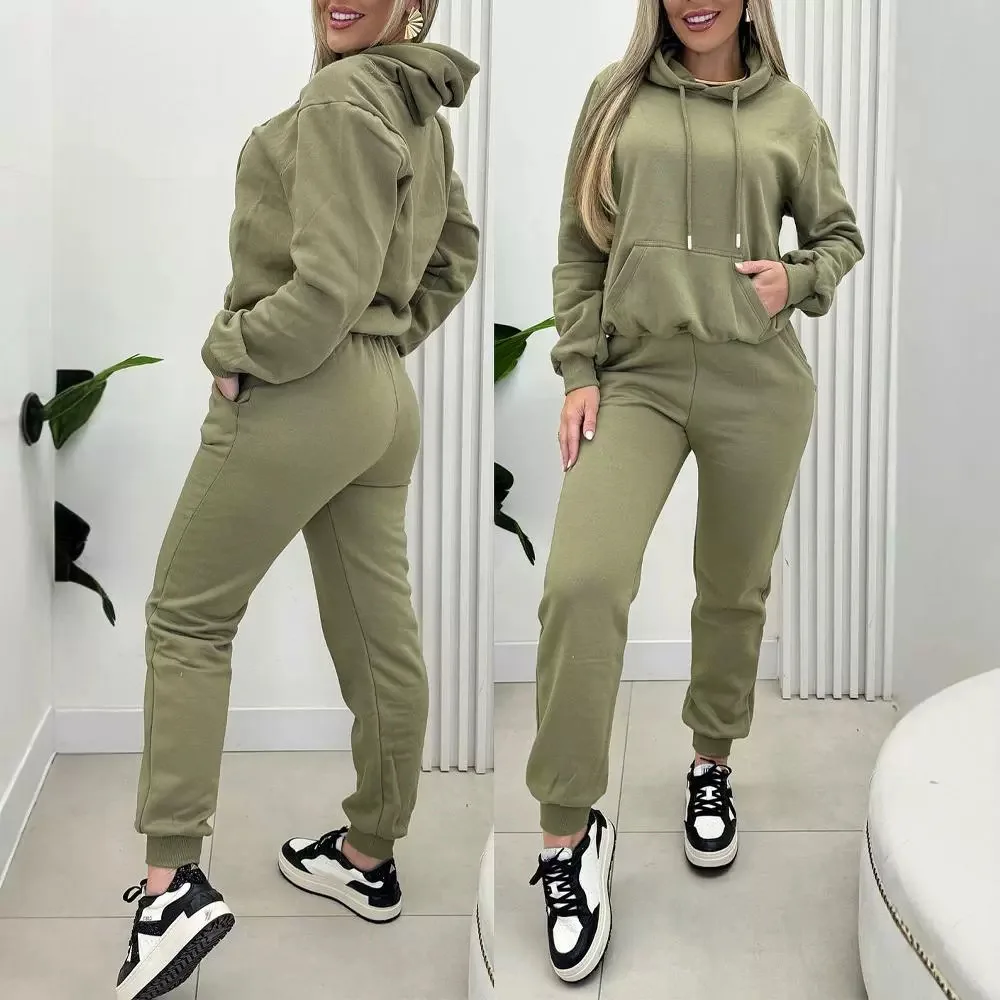 Warm Pants Two Piece Set Woman Long Sleeved Shirt with Hat Product Solid Leisure Trousers Sports Suit 2024 Autumn and Winter New