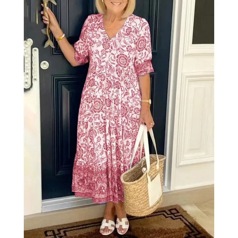 Vacanza al mare Vacanza Stampa floreale Abito longuette Donna Scollo a V Mezza manica Donna Boho Vacanza Casual Abiti lunghi midi Abiti