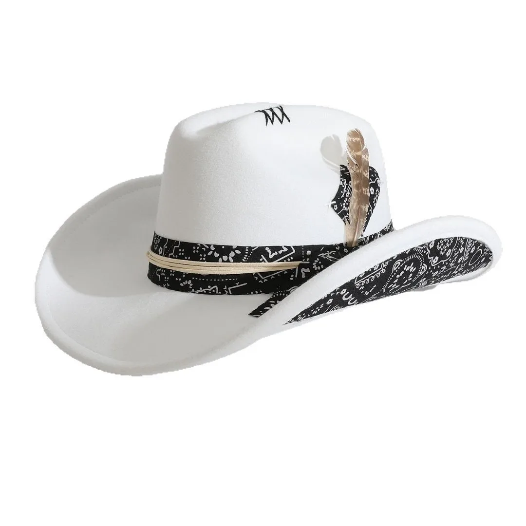 Western Cowboy Hat Men Women Jazz Fedora Stage Performance Retro Vintage Chicken Feather Distressed Costume Party Trendy Cap