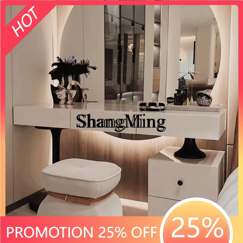 

SM modern large round mirror dressing table light luxury cream style high-end dressing table