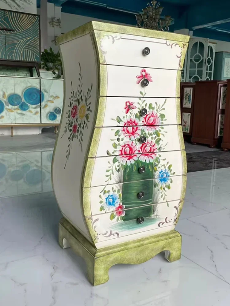 ** Armário americano retrô tradicional de madeira maciça com sete gavetas, cozinha, sala de estar, vaso de armazenamento decorativo