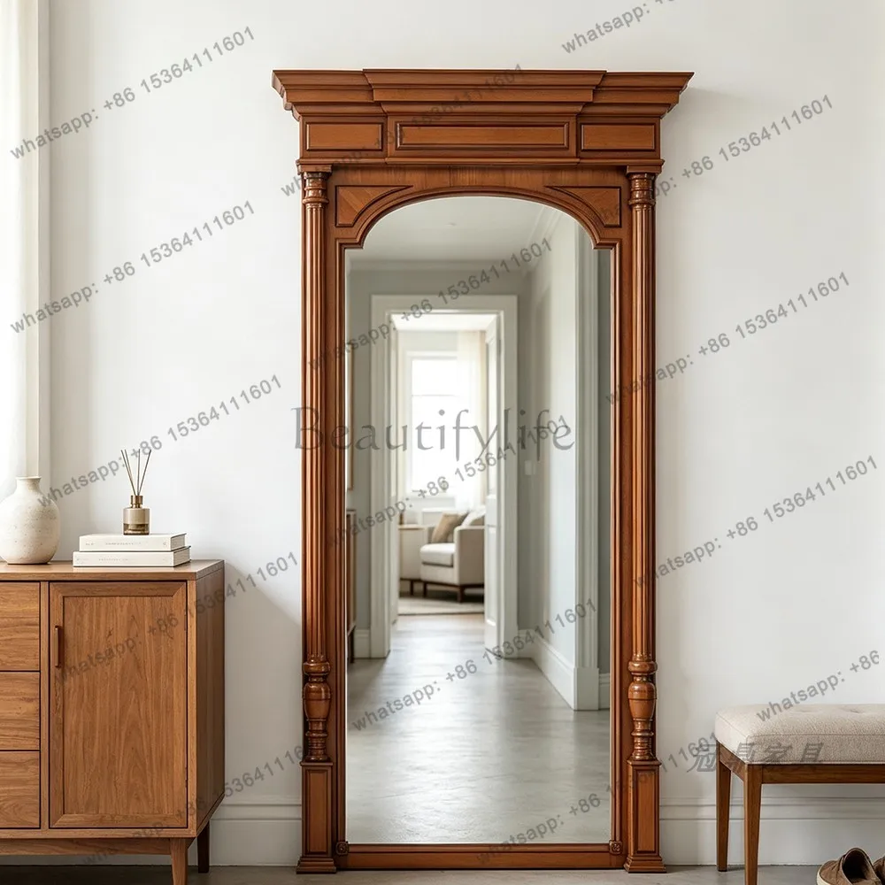 YJ French Retro Carved Full‑Length Mirror American Luxury Floor Standing Unit For Bedroom Classical Art Dressing Home Decor