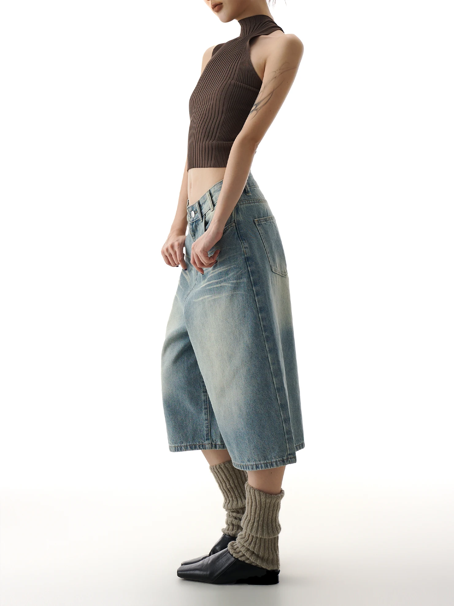 

High Waist Loose Wide Leg Denim Jeans Women's Street Style Summer Trendy Seven-Foot Pants Straight Cut Slimming Medium-Length