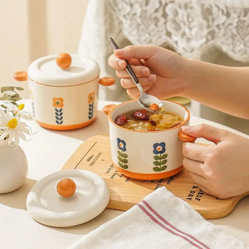 Enamel Milk Pan with Lid Vintage Ceramic Bird's Nest Special Stew Pot One Person Eating Bowl Household Stewing Soup Stewing Jar