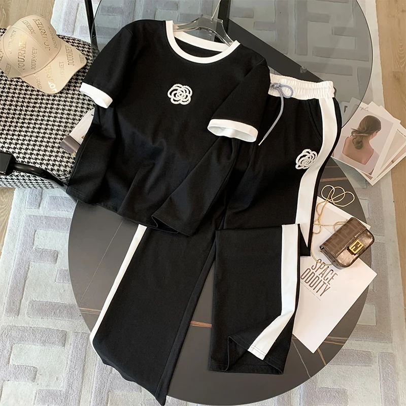 

Street Style Wide Leg Pants Casual Sportswear Set Women Summer New Loose plus Size Slimming Two Piece Set Cotton Material