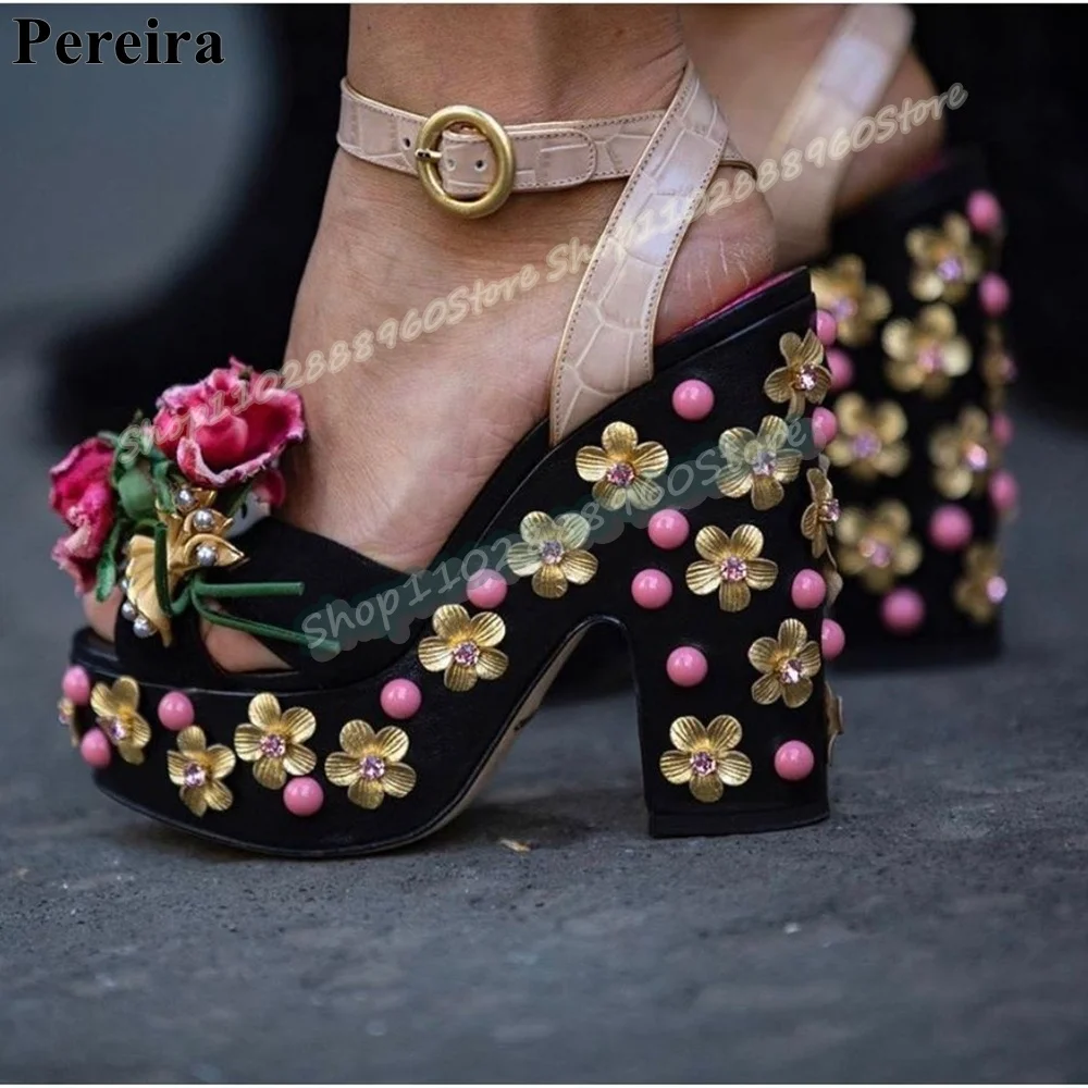 Luxury Mixed Flower Decoration Platform Sandals Thick Heel Shoes For Women Ankle Buckle Strap Peep Toe Banqurt Catwalk Sandals