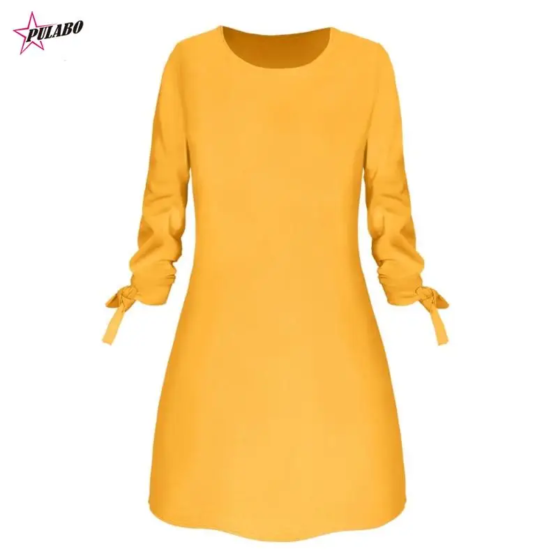 Abito primaverile in tinta unita moda casual o-collo abiti larghi manica 3/4 fiocco elegante spiaggia abiti femminili femminili