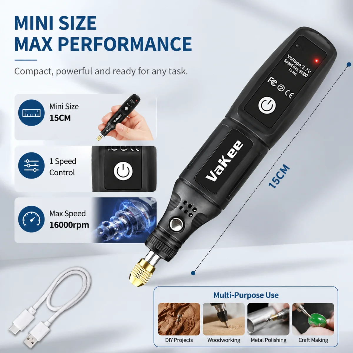 VaKee Mini Kabelloses Rotationswerkzeug 16000 U/min USB Typ-C Wiederaufladbarer Elektrischer Gravurstift Tragbarer Schleifer Bohrer für DIY Holzschnitzereien – Detail 1