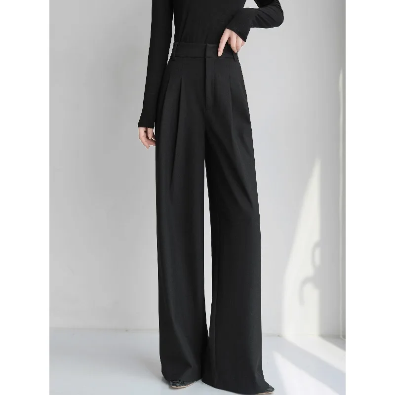 Novo quatro estações preto cintura alta alta casual pendurado calças para mulheres ao ar livre de alta qualidade versátil calças largas perna