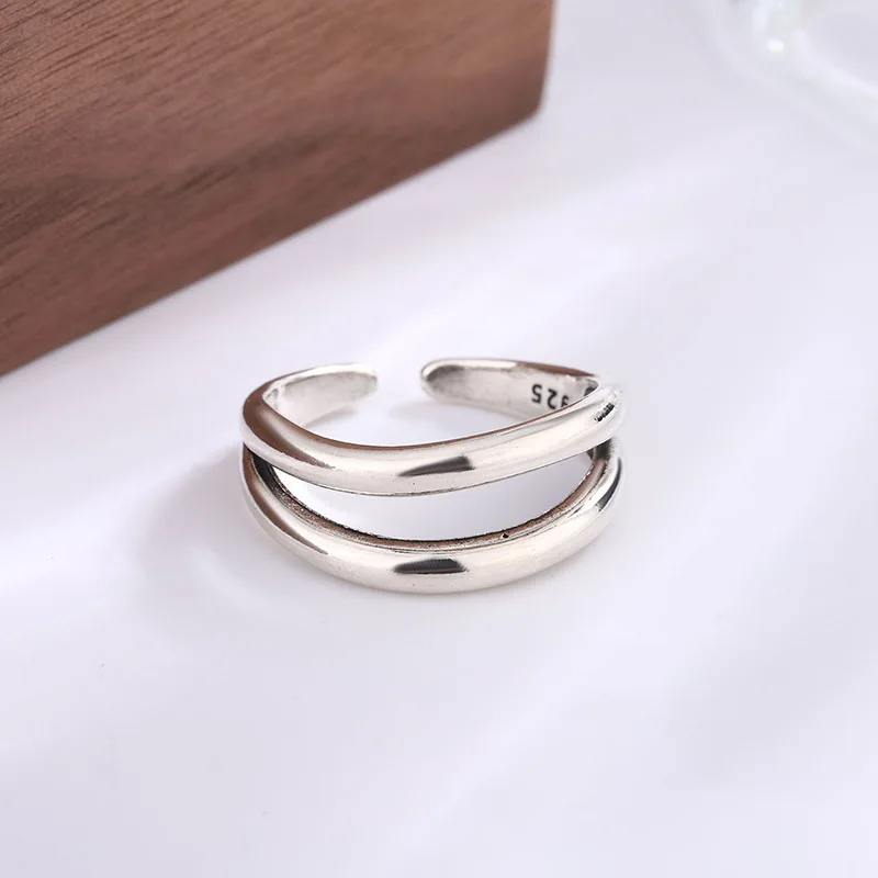 

PANJBJ 925 Sterling Silver Double Layer Ring for Women Girl Gift Geometry Hollowing Out Minimalism Fashion Jewelry Wholesale