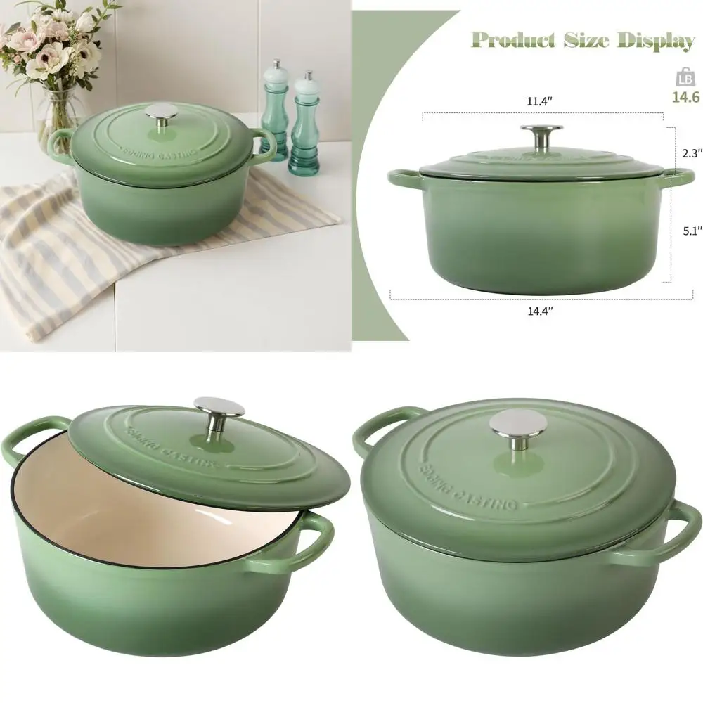 

7 Quart Pistachio Green Enameled Cast Iron Dutch Oven with Dual Handles for Baking and Cooking