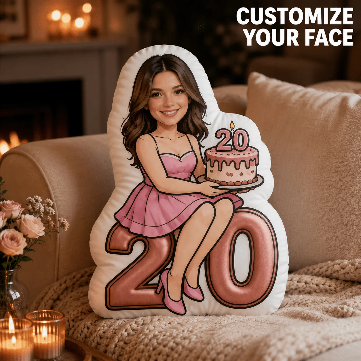 Customized personalized photo face pillow, custom shaped decorative cushion for 20th birthday celebration, 60cm large-sized deco