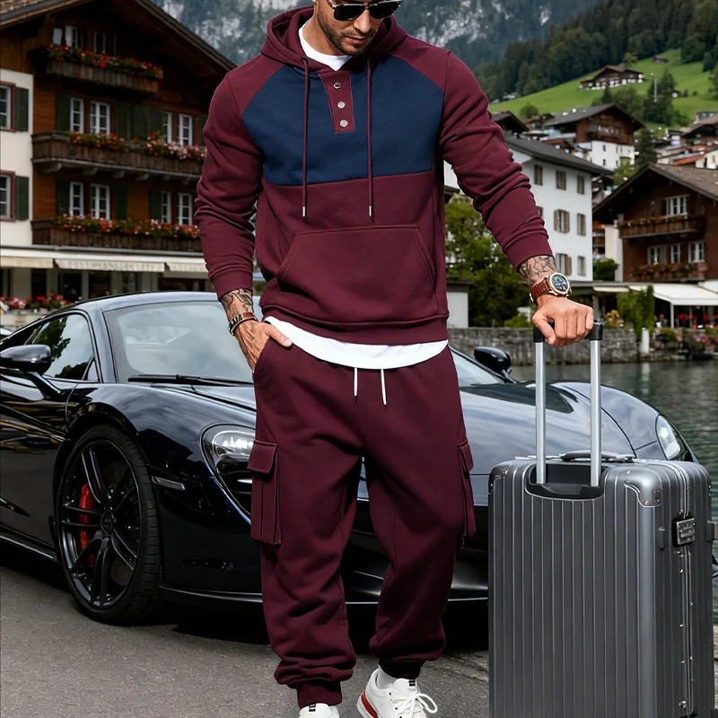Men's Color Block Hoodie Set Casual Half Button Hooded Sweatshirt Cargo Jogger Pants 2 Piece Tracksuit