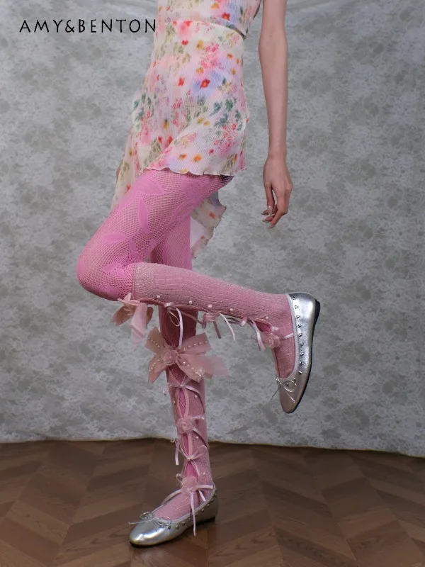 Pink Rose Vine Fishnet Pantyhose Women Bow Lace Up Spliced Tights Elegant Cosplay Party Photo Prop Japanese Style Hosiery