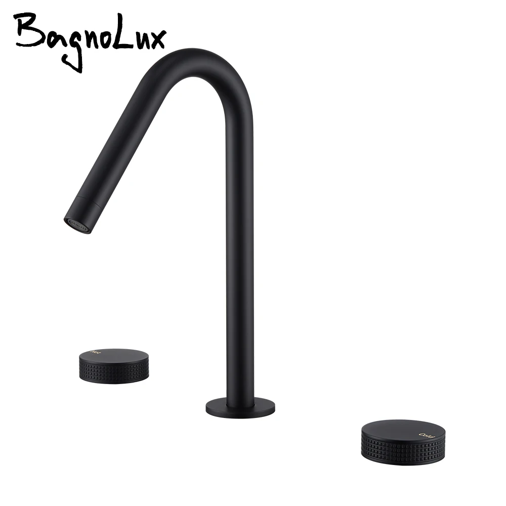 Knurled Basin Faucet Black Bathroom Tap Deck Mounted Brass Dual Holder 3 HoleS Hot &Cold Water Widerspread Mixer