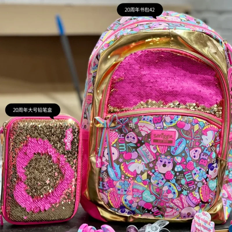 2024 Smiggle Gold Sequins Schoolbag Children Large-Capacity Backpack Cartoon Backpack Primary Secondary School Student Gift