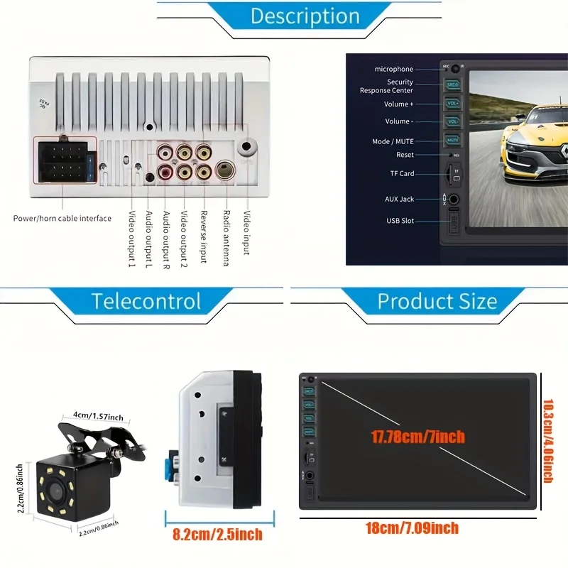 7inch HD Touch Screen Car Stereo - 2-DIN MP5 Player with 8 LED Backup Camera, Vehicle Navigation System, Highquality Visuals