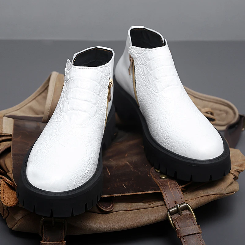 

Men Oversized (37-47) Thick Soled Casual Boots with Crocodile Pattern Zipper Cold Resistant Warm Fashionable Low Top Boots