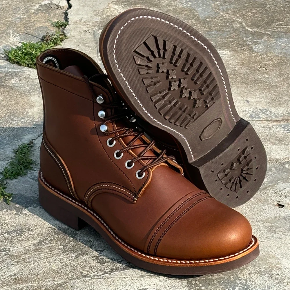 Men's Full Grain Goodyear-sewn Wings Workwear Boots Mid Top Motorcycle Shoes Genuine Leather Retro Red Men's Boots