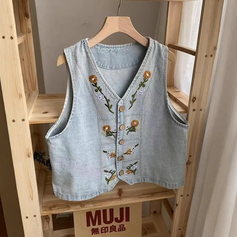 Retro Embroidered Denim Vest Women's Spring Summer Thin Loose Sleeveless Jacket Female Knit Top Ladies Waistcoat Chaleco Mujer