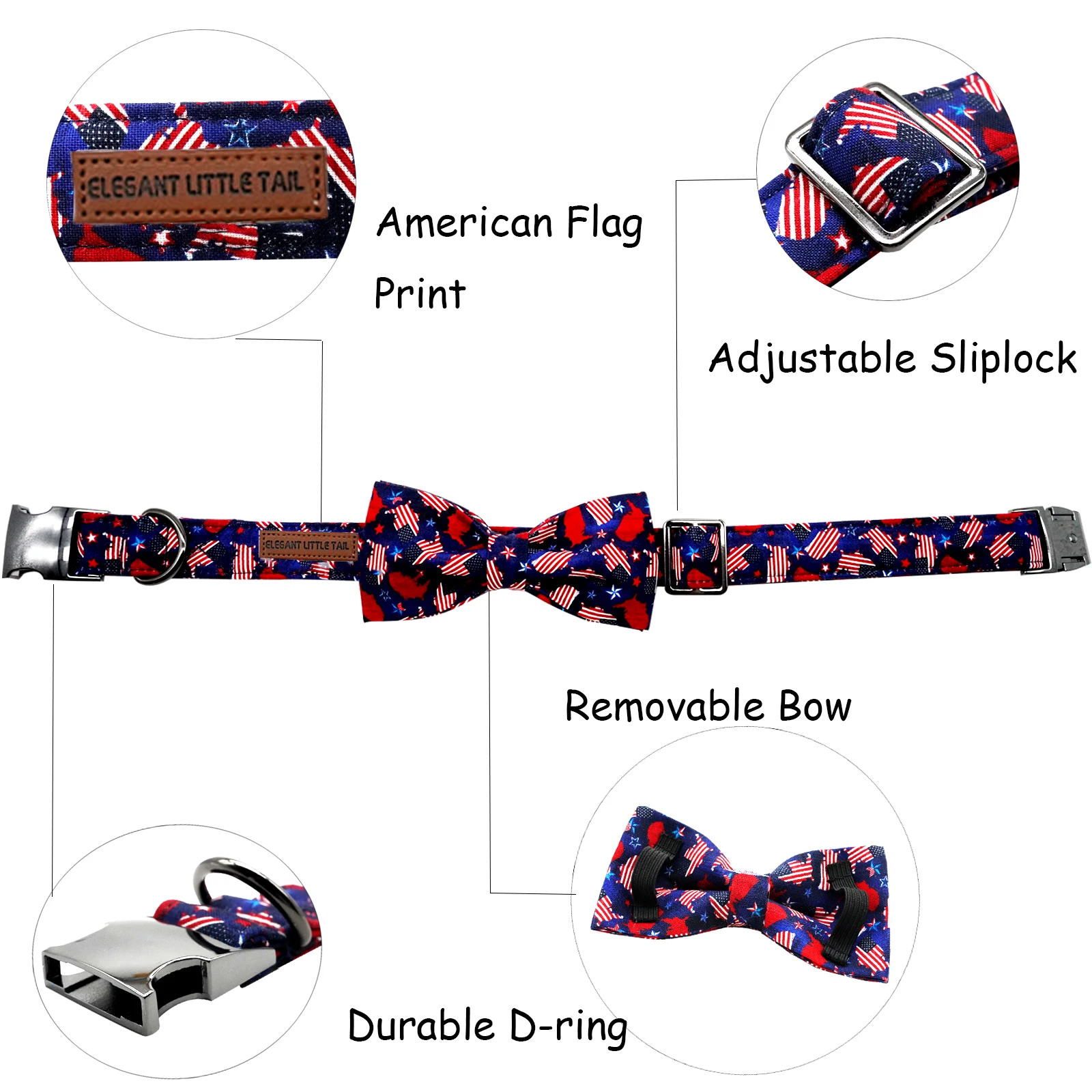 Elegant little tail 4 of July Independence Day American Flag Dog Bow Collar Boy Pet Collar Bowtie Duarble Dog Collars