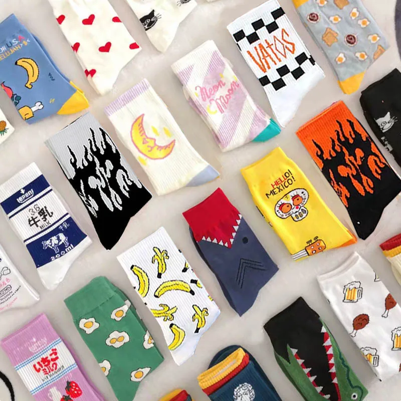 Creative High Quality Fashion Harajuku Kawaii Happy Socks Women Banana fruit Strawberry Animal Print Funny Socks Flame socks