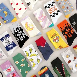 Creative High Quality Fashion Harajuku Kawaii Happy Socks Women Banana fruit Strawberry Animal Print Funny Socks Flame socks