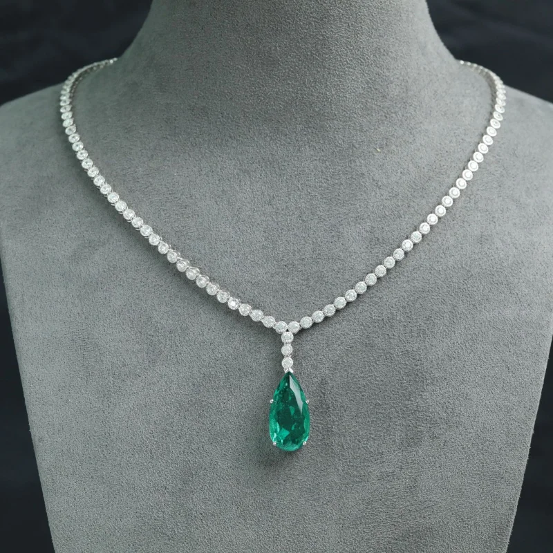 Pendant Chain Average925Silver Plated High Carbon Diamond Bag Wrapped Emerald Water Drop Pear Cut Dinner Event Necklace