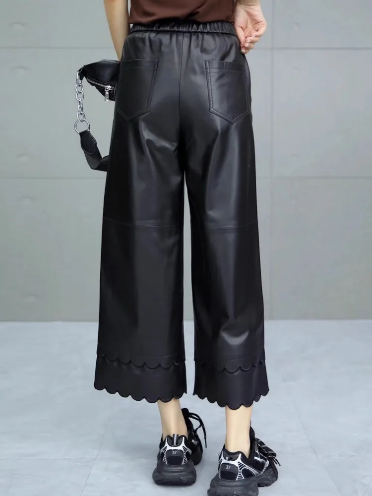 Spodnie damskie z prawdziwej skóry owczej, proste nogawki, elastyczna talia, szerokie nogawki, jesienne spodnie ze skóry naturalnej, długość do kostek, koronkowe spodnie, wyprzedaż.