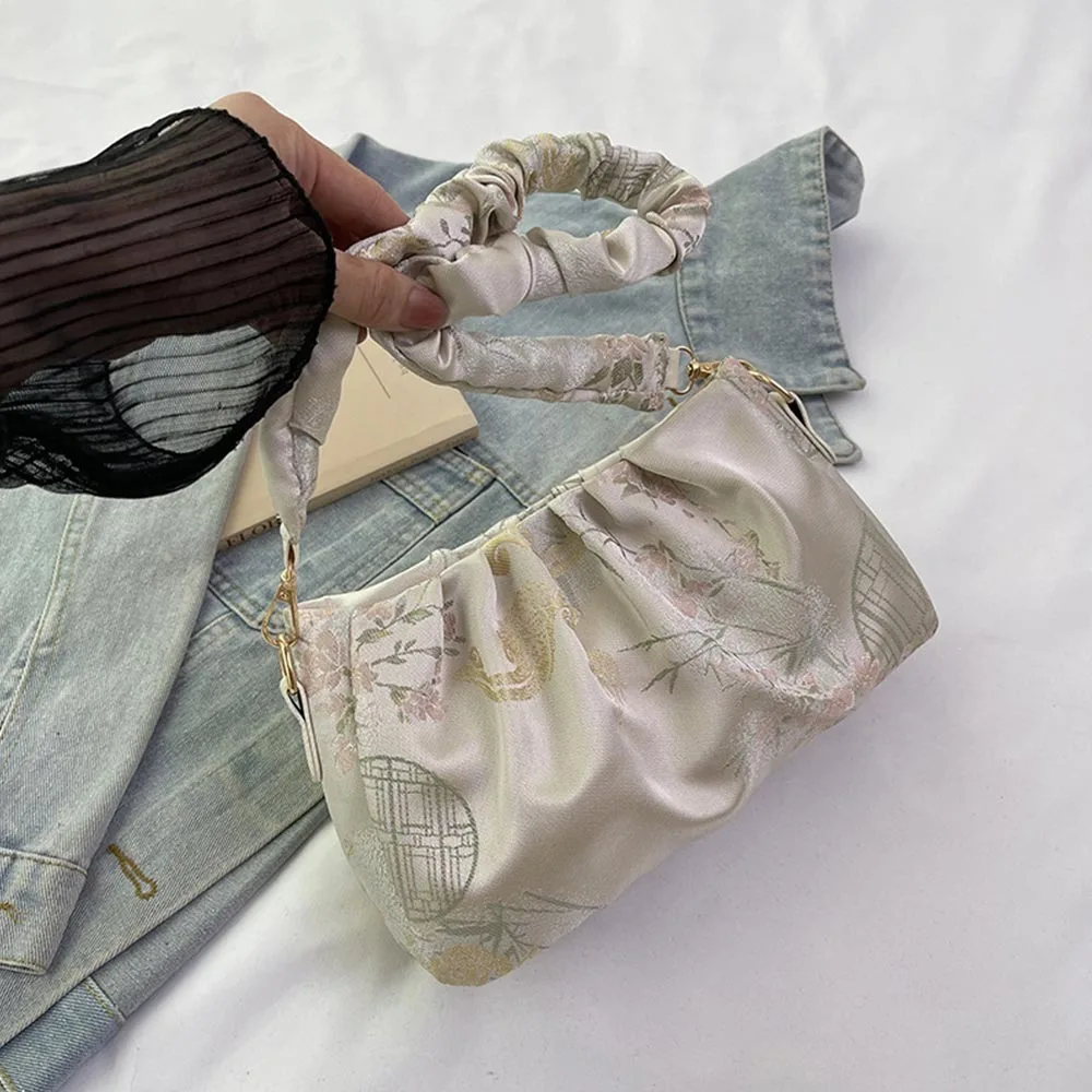 

Fashion New Chinese Style Shoulder Bags Handheld Large Capacity Armpit Bag DIY Solid Color Pleated Handbag Women Girls
